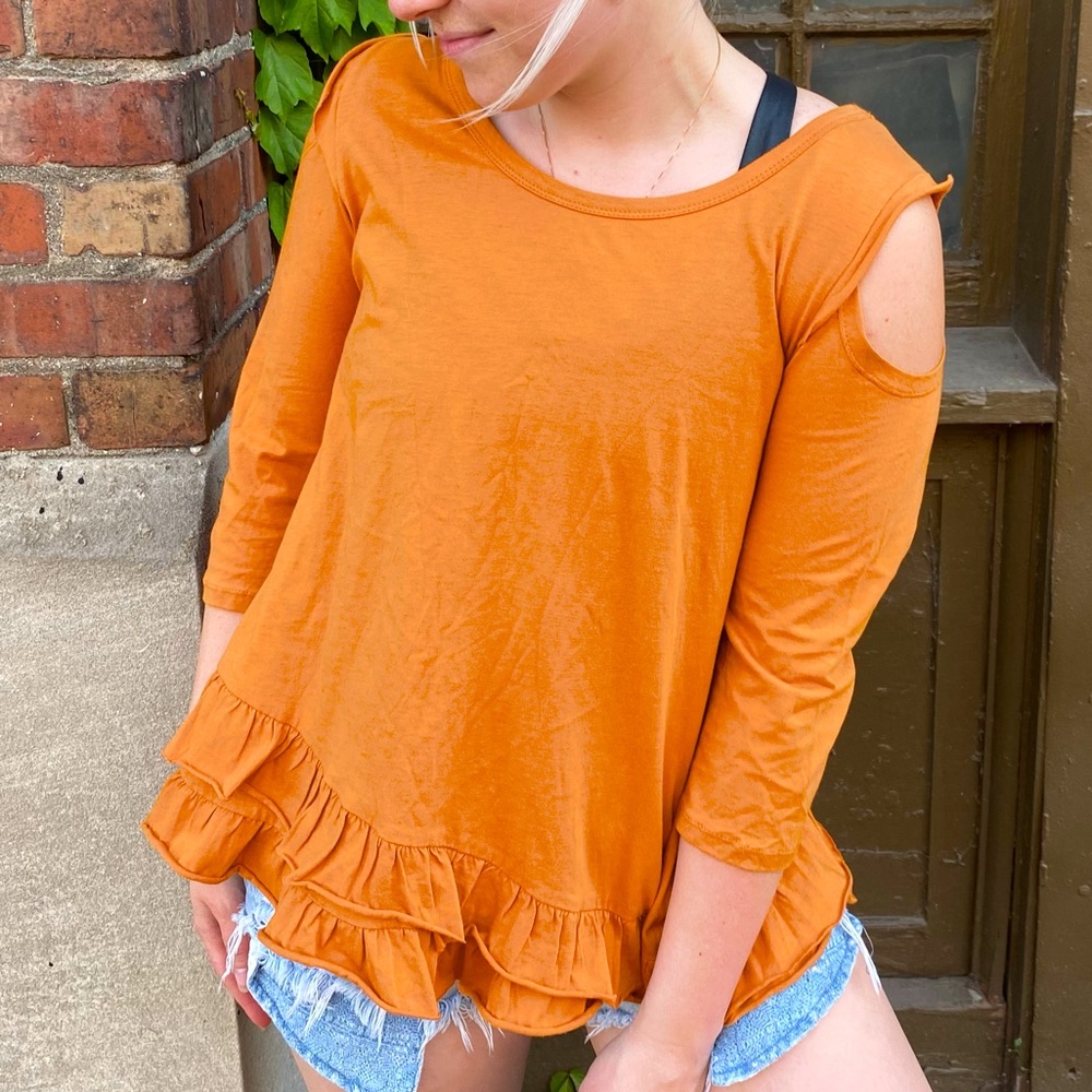 UMGEE Orange Cold Shoulder Ruffle Top